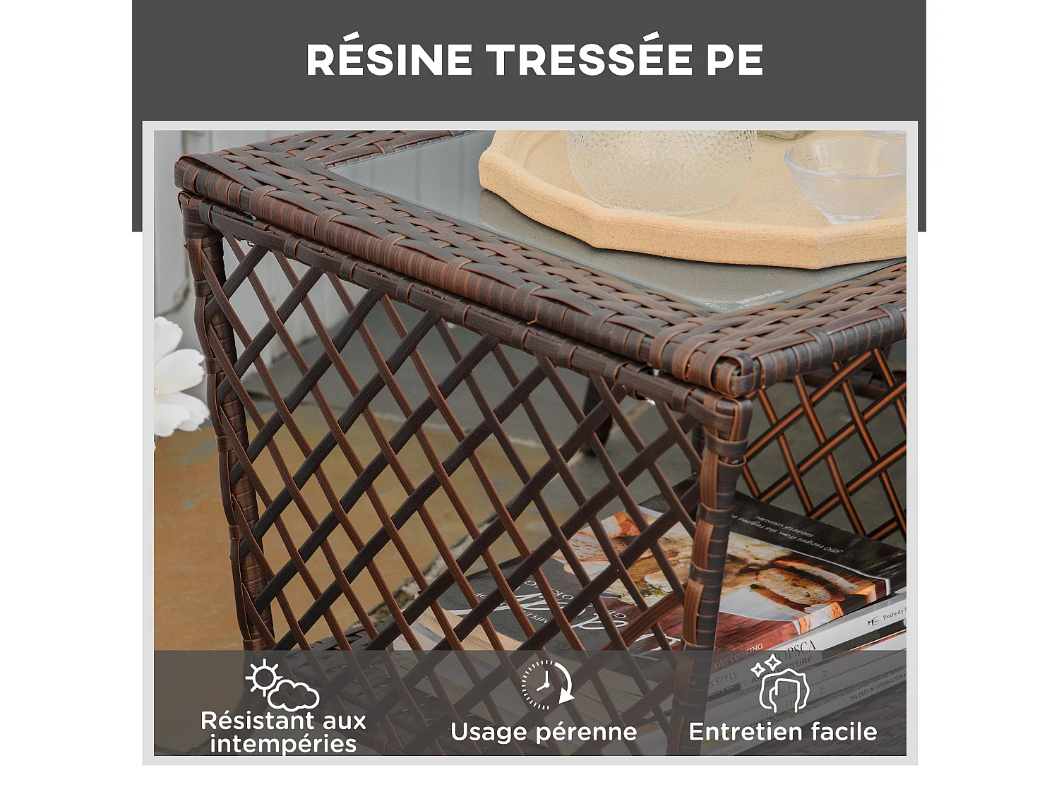 Bain de soleil transat design colonial avec table basse et matelas - dossier inclinable - résine tressée, polyester - marron crème