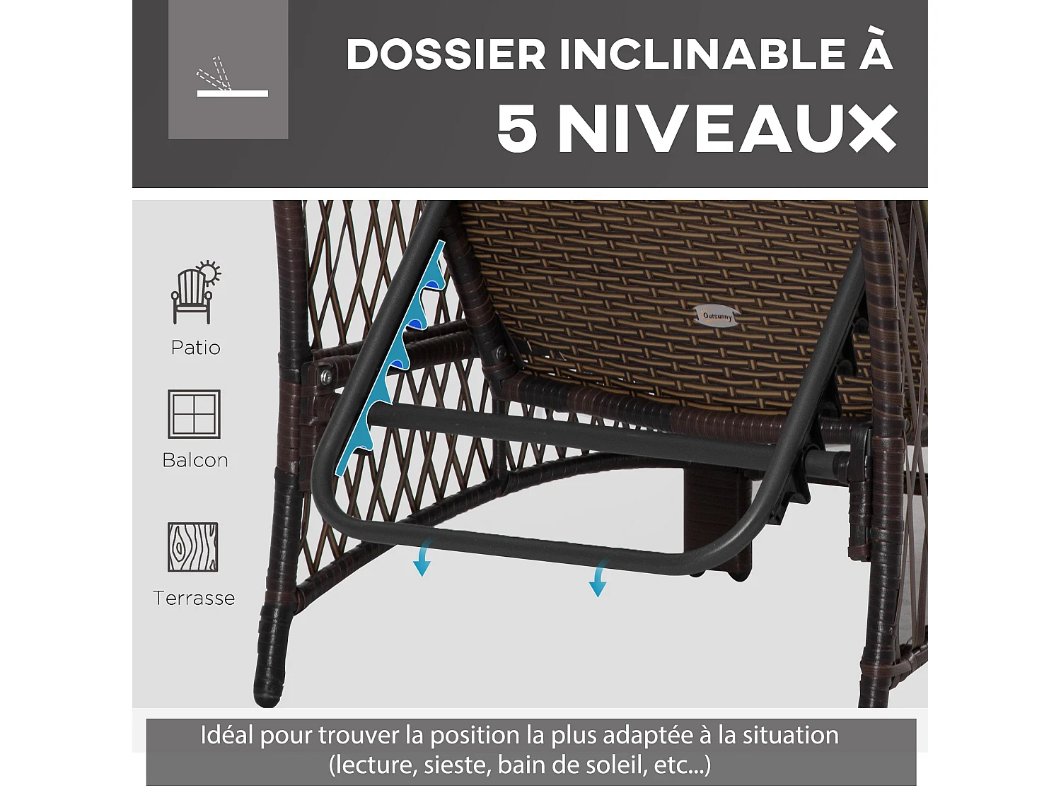 Bain de soleil transat design colonial avec table basse et matelas - dossier inclinable - résine tressée, polyester - marron crème