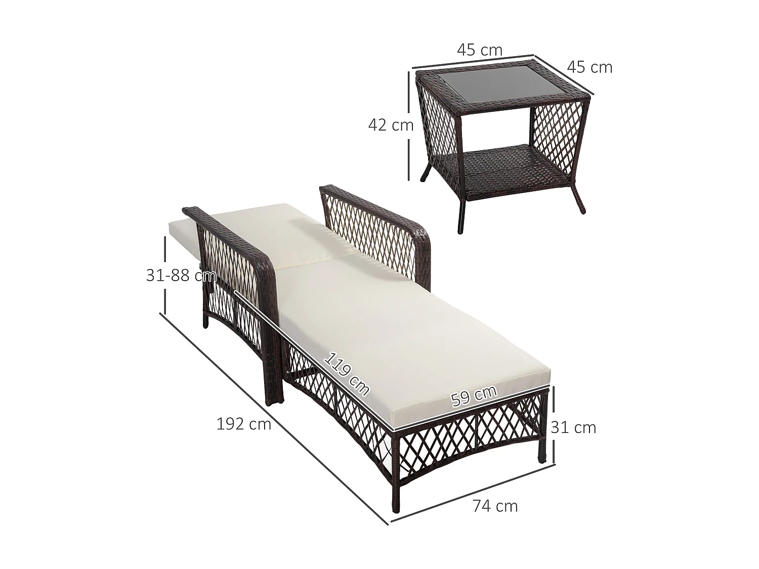 Bain de soleil transat design colonial avec table basse et matelas - dossier inclinable - résine tressée, polyester - marron crème