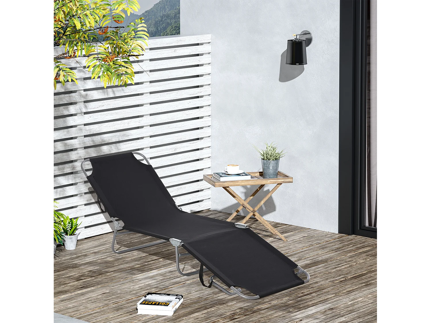 Bain de soleil transat pliable dossier réglable multipositions métal et polyester noir