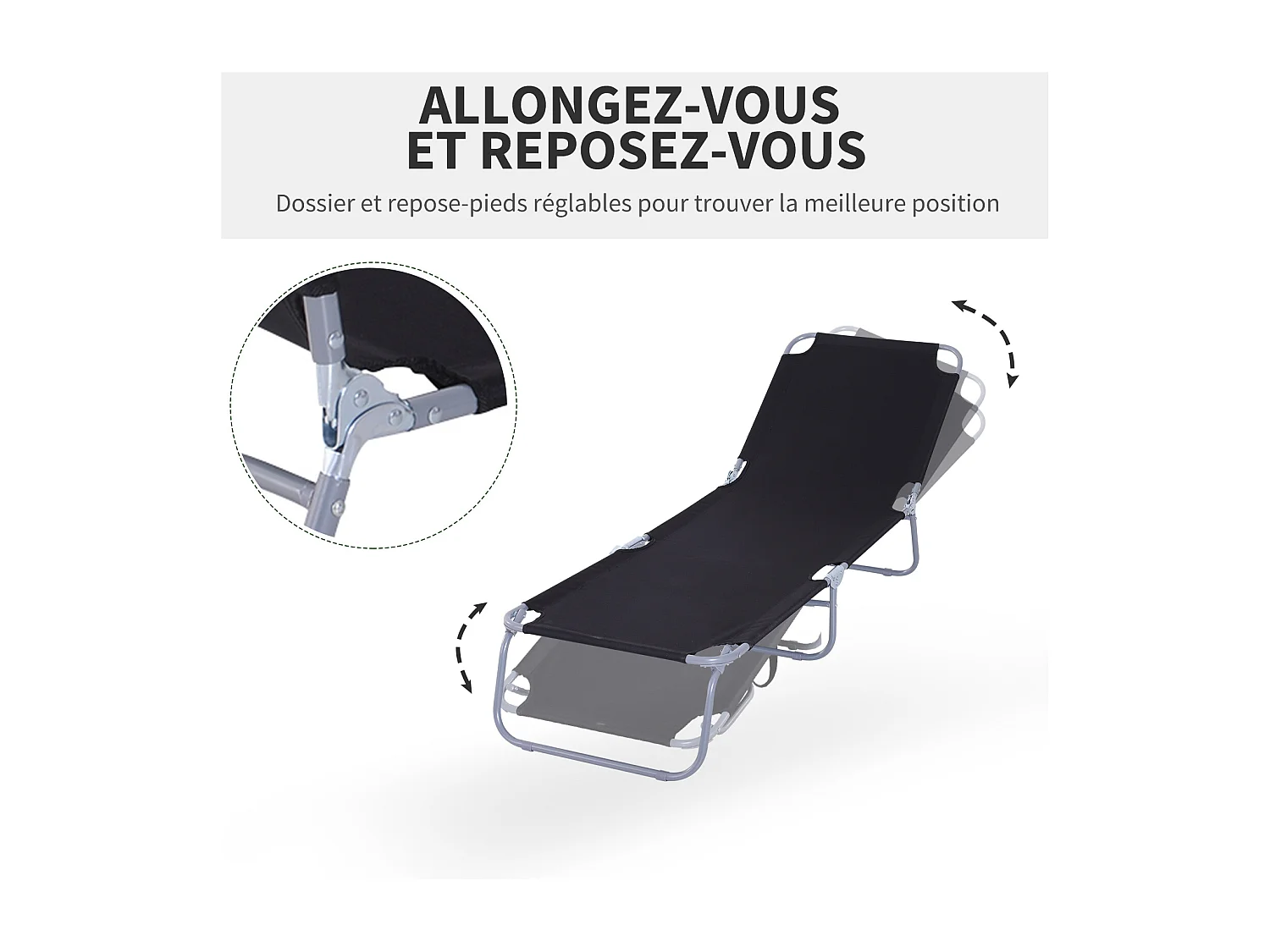 Bain de soleil transat pliable dossier réglable multipositions métal et polyester noir
