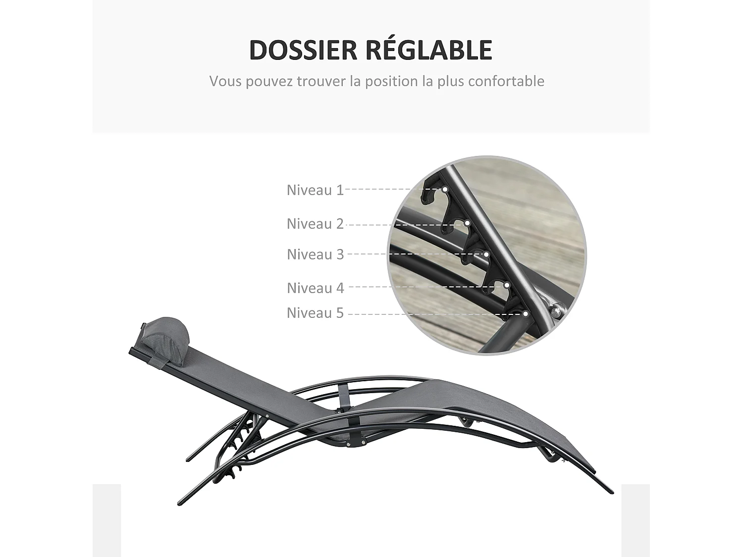 Bain de soleil transat design contemporain inclinable multi-positions tétière amovible incluse alu textilène gris