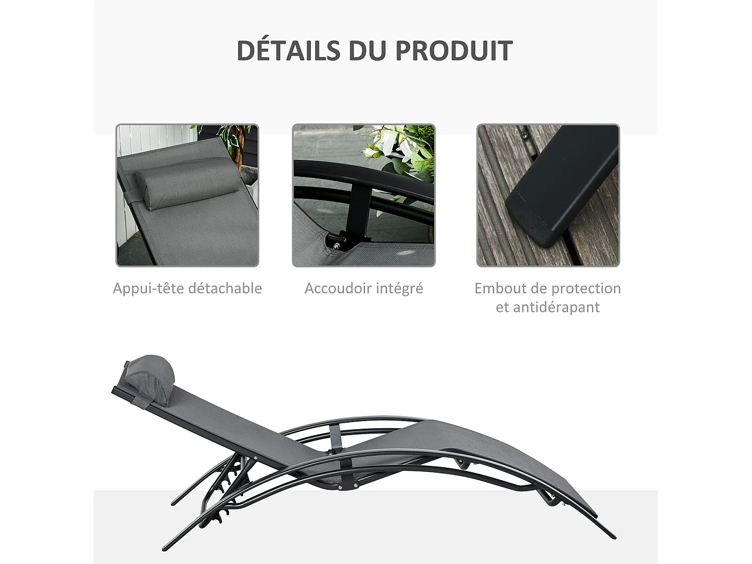 Bain de soleil transat design contemporain inclinable multi-positions tétière amovible incluse alu textilène gris