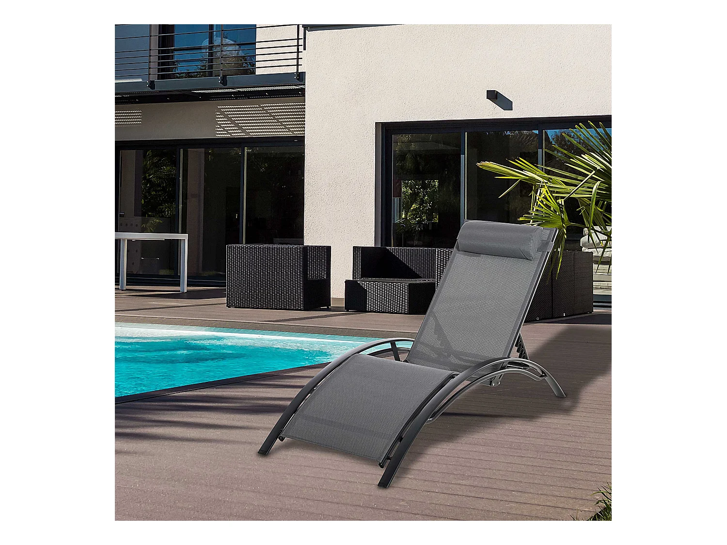 Bain de soleil transat design contemporain inclinable multi-positions tétière amovible incluse alu textilène gris
