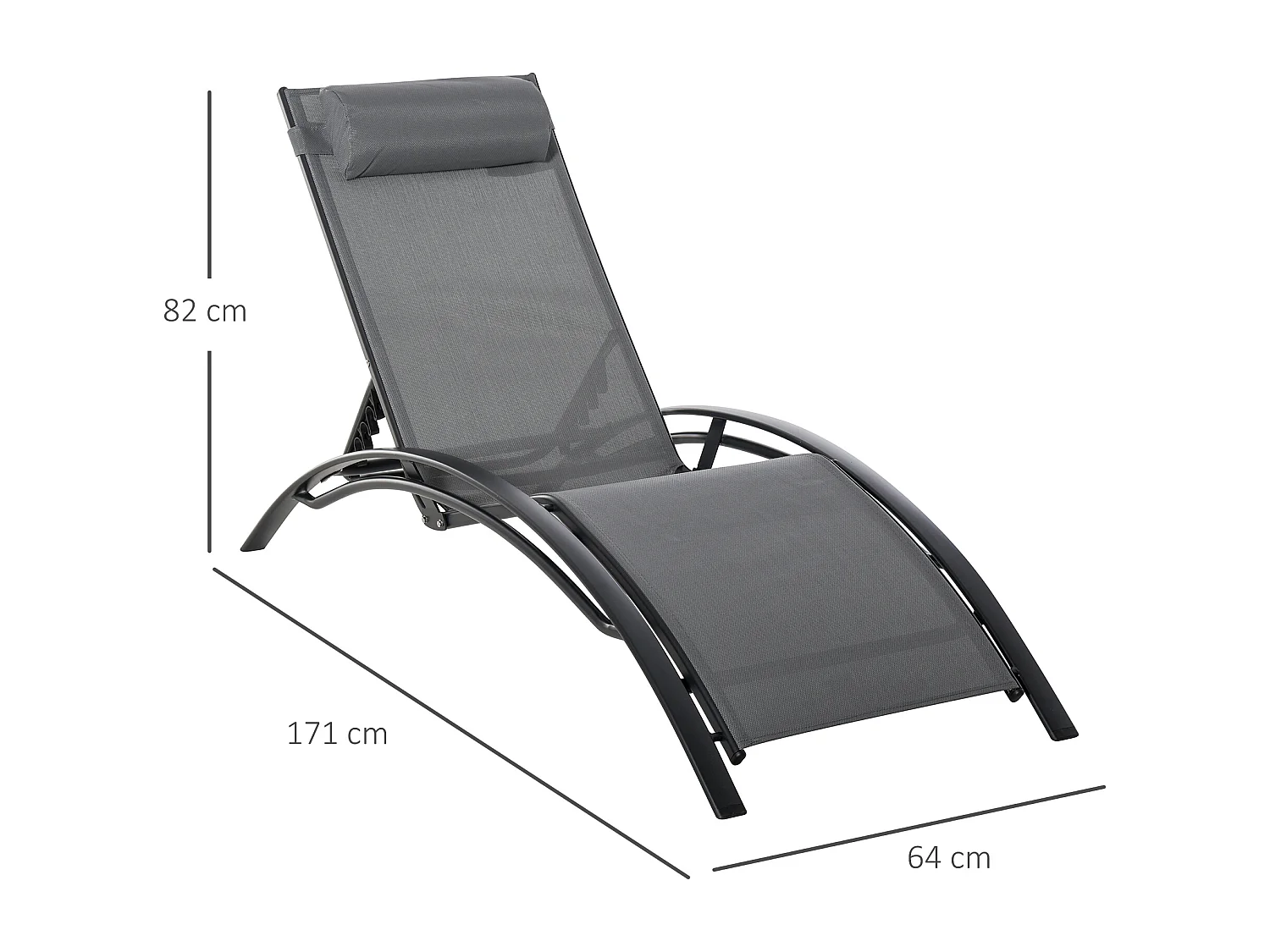 Bain de soleil transat design contemporain inclinable multi-positions tétière amovible incluse alu textilène gris