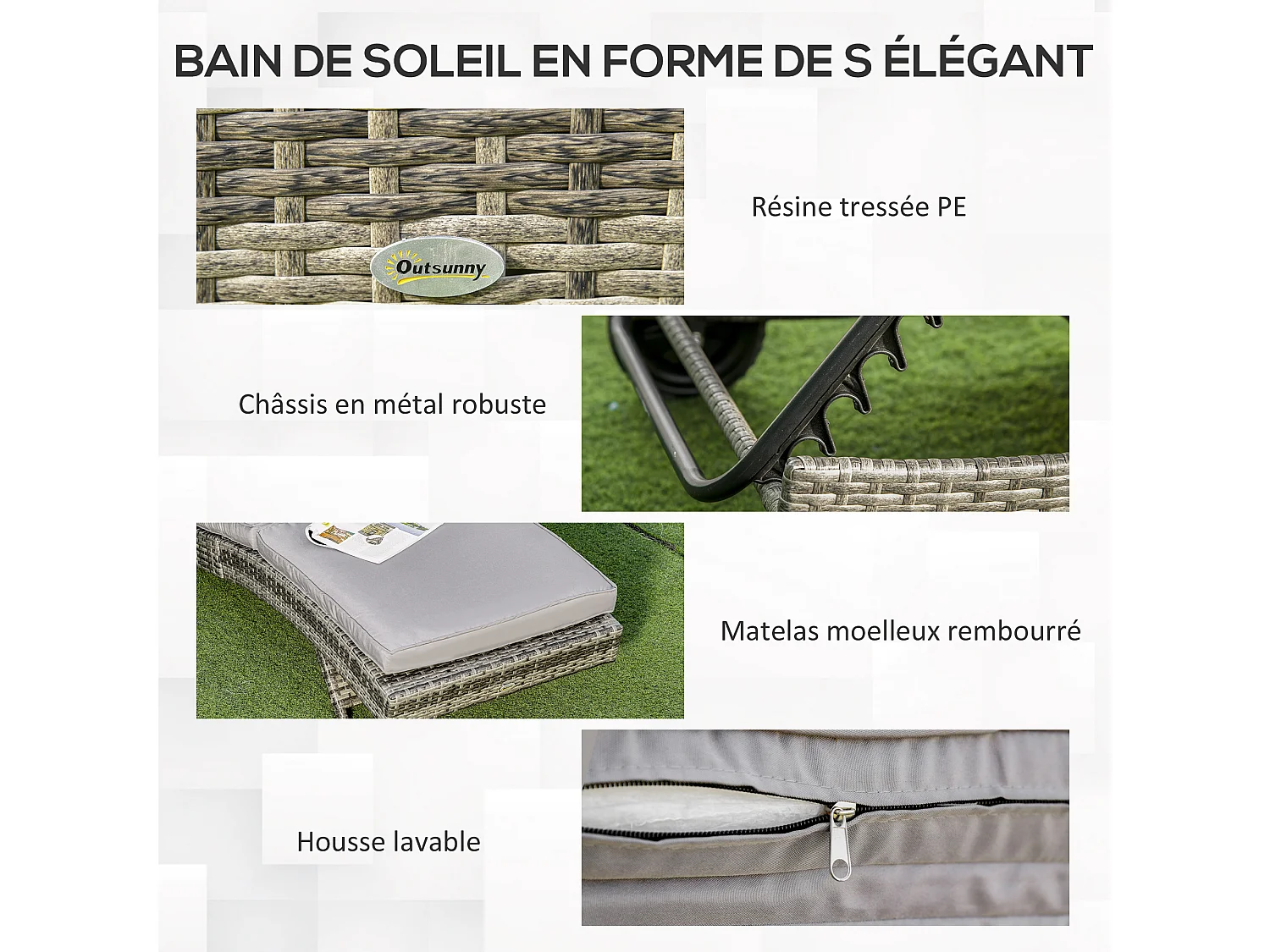 Bain de soleil transat grand confort - dossier inclinable 5 positions roulettes - matelas déhoussable inclus - résine tressée grise