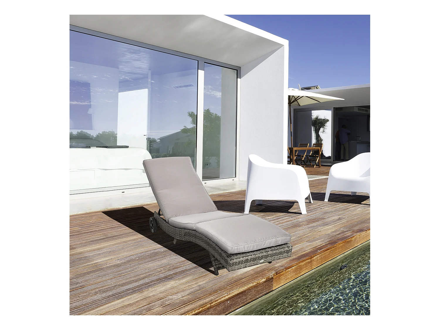 Bain de soleil transat grand confort - dossier inclinable 5 positions roulettes - matelas déhoussable inclus - résine tressée grise