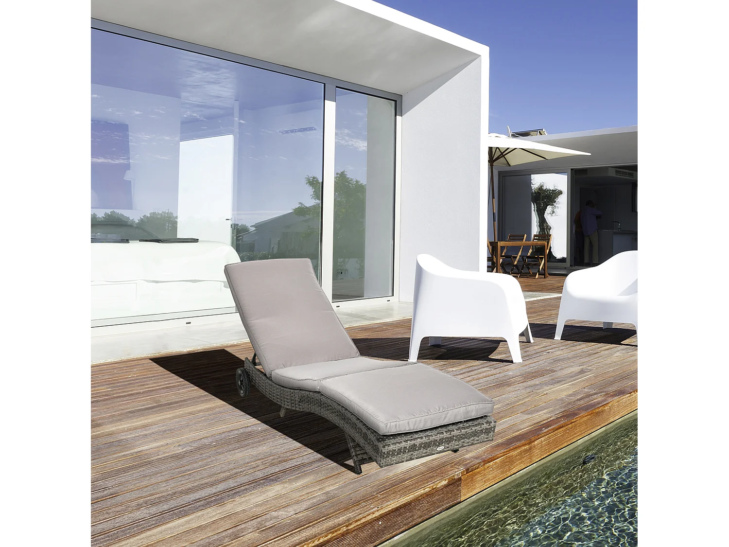 Bain de soleil transat grand confort - dossier inclinable 5 positions roulettes - matelas déhoussable inclus - résine tressée grise