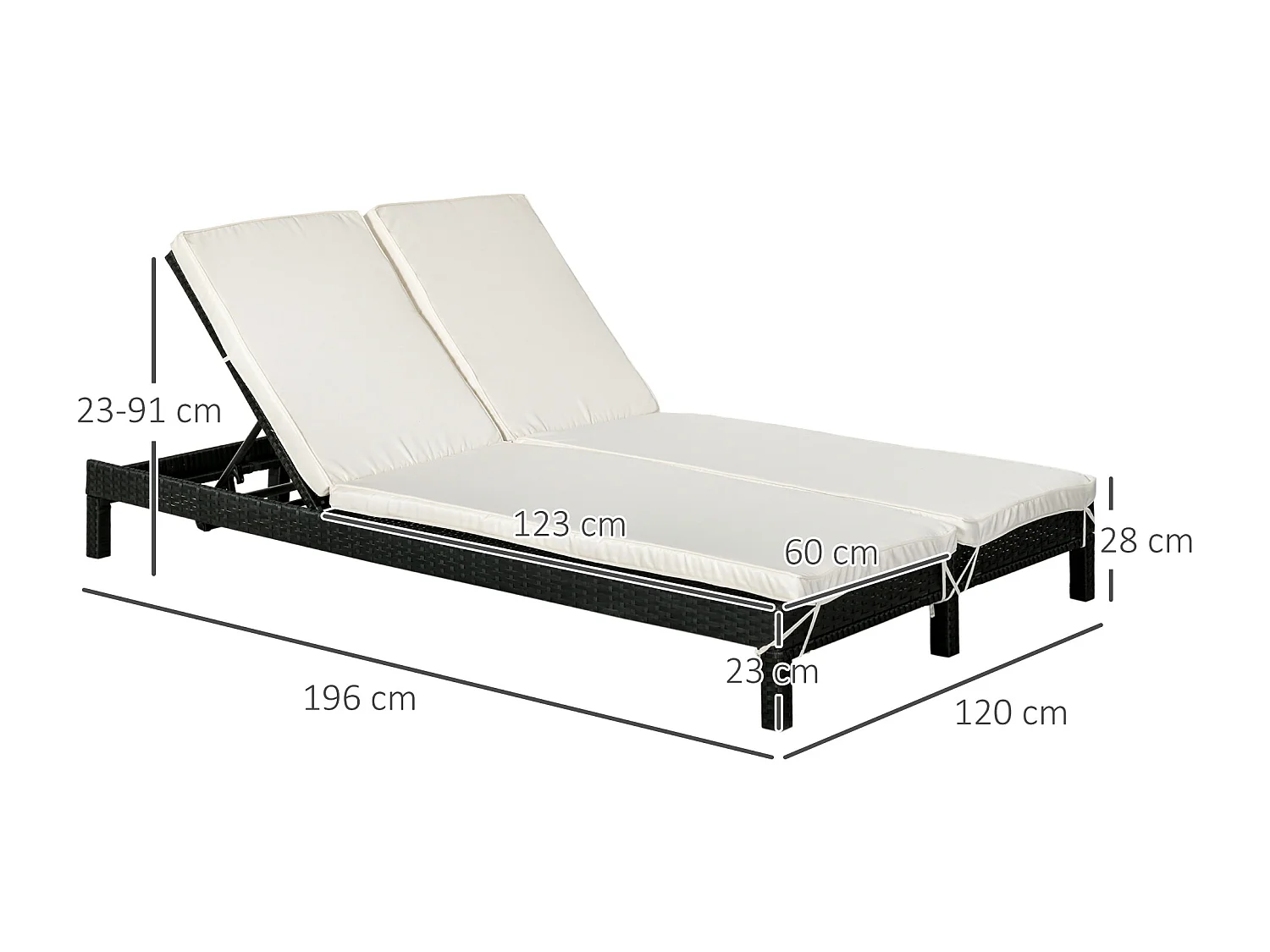 Bain de soleil transat 2 places - grand confort - dossier inclinable multi-positions - matelas fournis crème - résine tressée 4 fils noir
