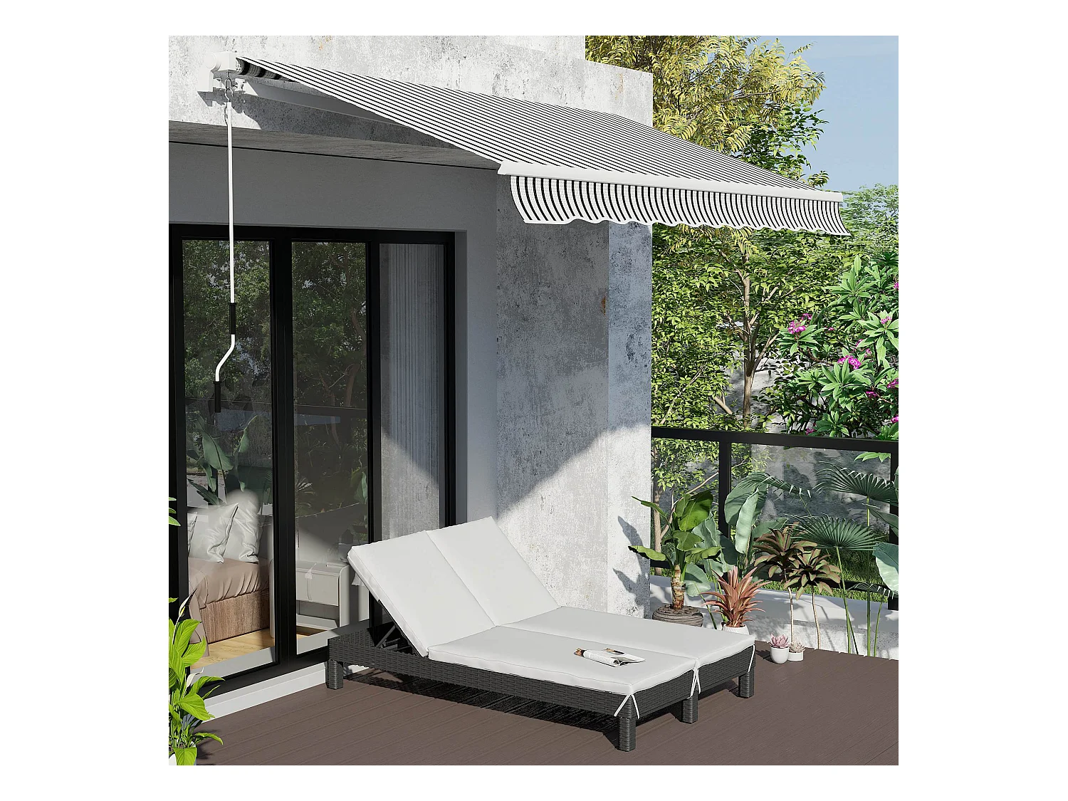 Bain de soleil transat 2 places - grand confort - dossier inclinable multi-positions - matelas fournis crème - résine tressée 4 fils noir