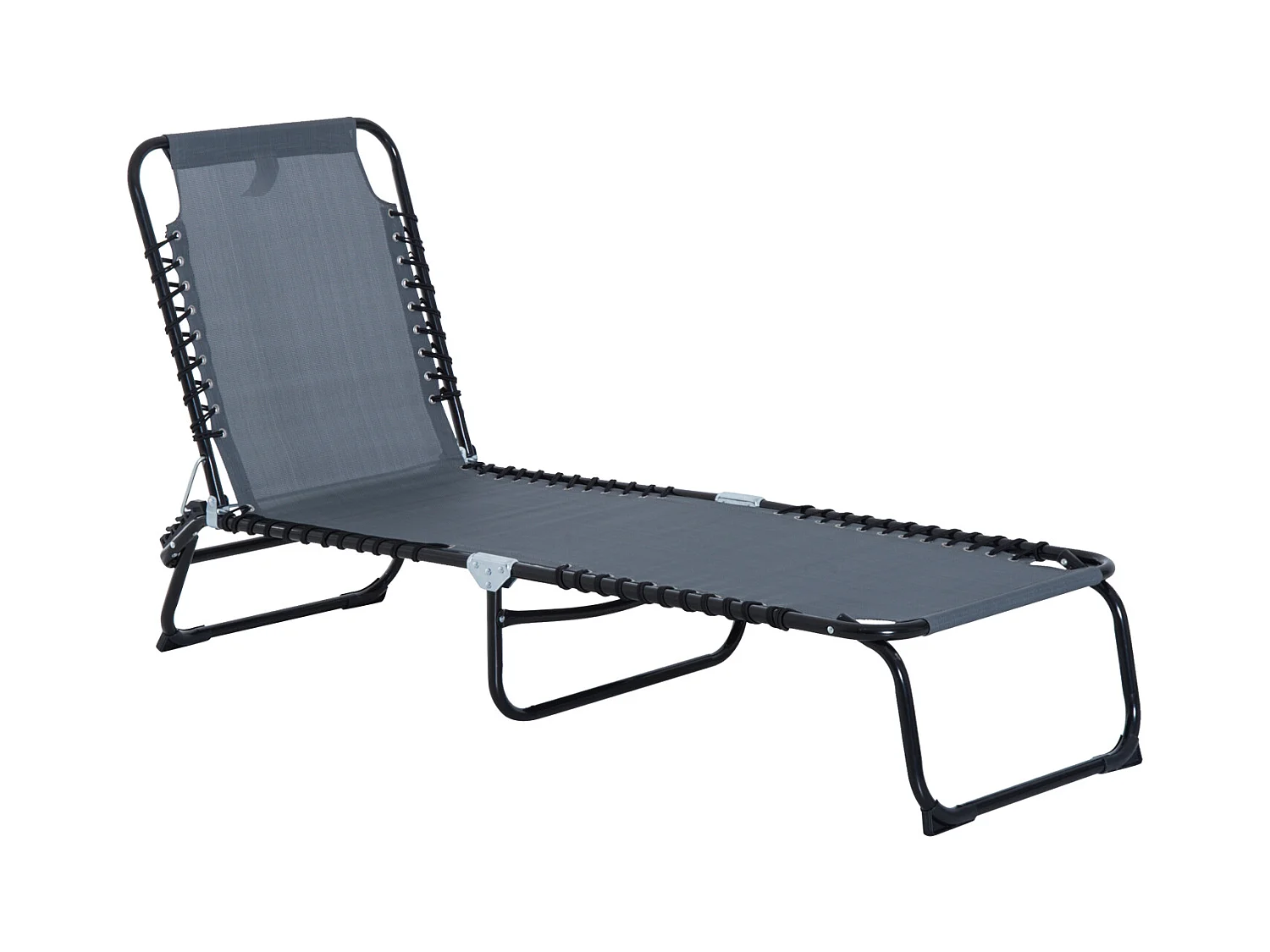 Bain de soleil transat pliable dossier inclinable multi-positions acier thermoplastique lacets élastiques noir textilène gris