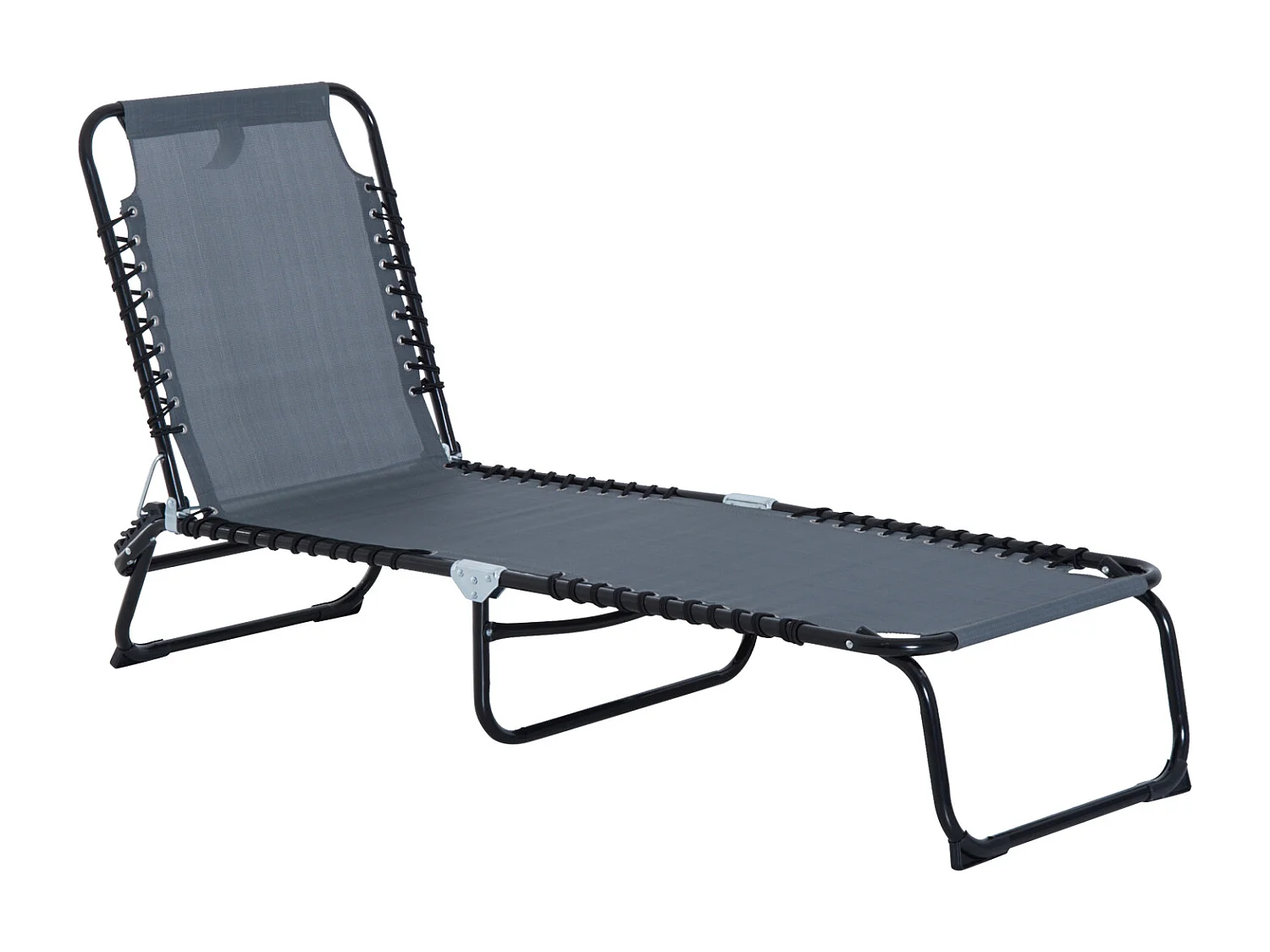 Bain de soleil transat pliable dossier inclinable multi-positions acier thermoplastique lacets élastiques noir textilène gris