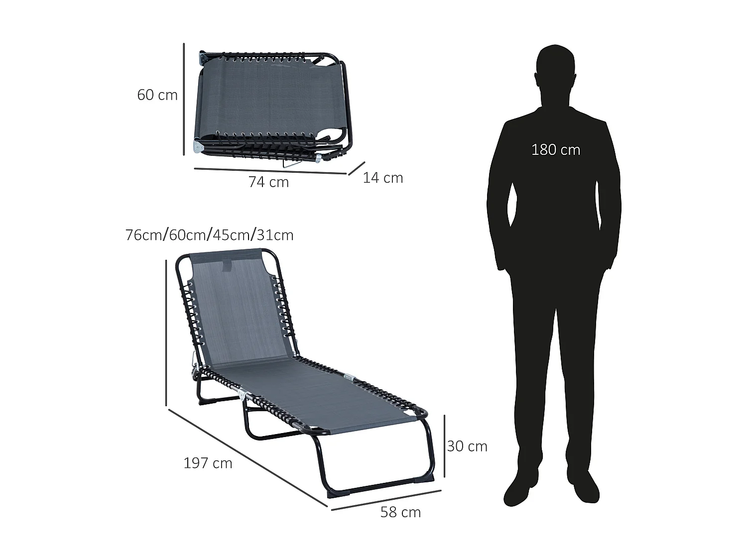 Bain de soleil transat pliable dossier inclinable multi-positions acier thermoplastique lacets élastiques noir textilène gris