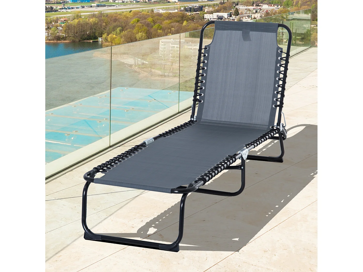 Bain de soleil transat pliable dossier inclinable multi-positions acier thermoplastique lacets élastiques noir textilène gris
