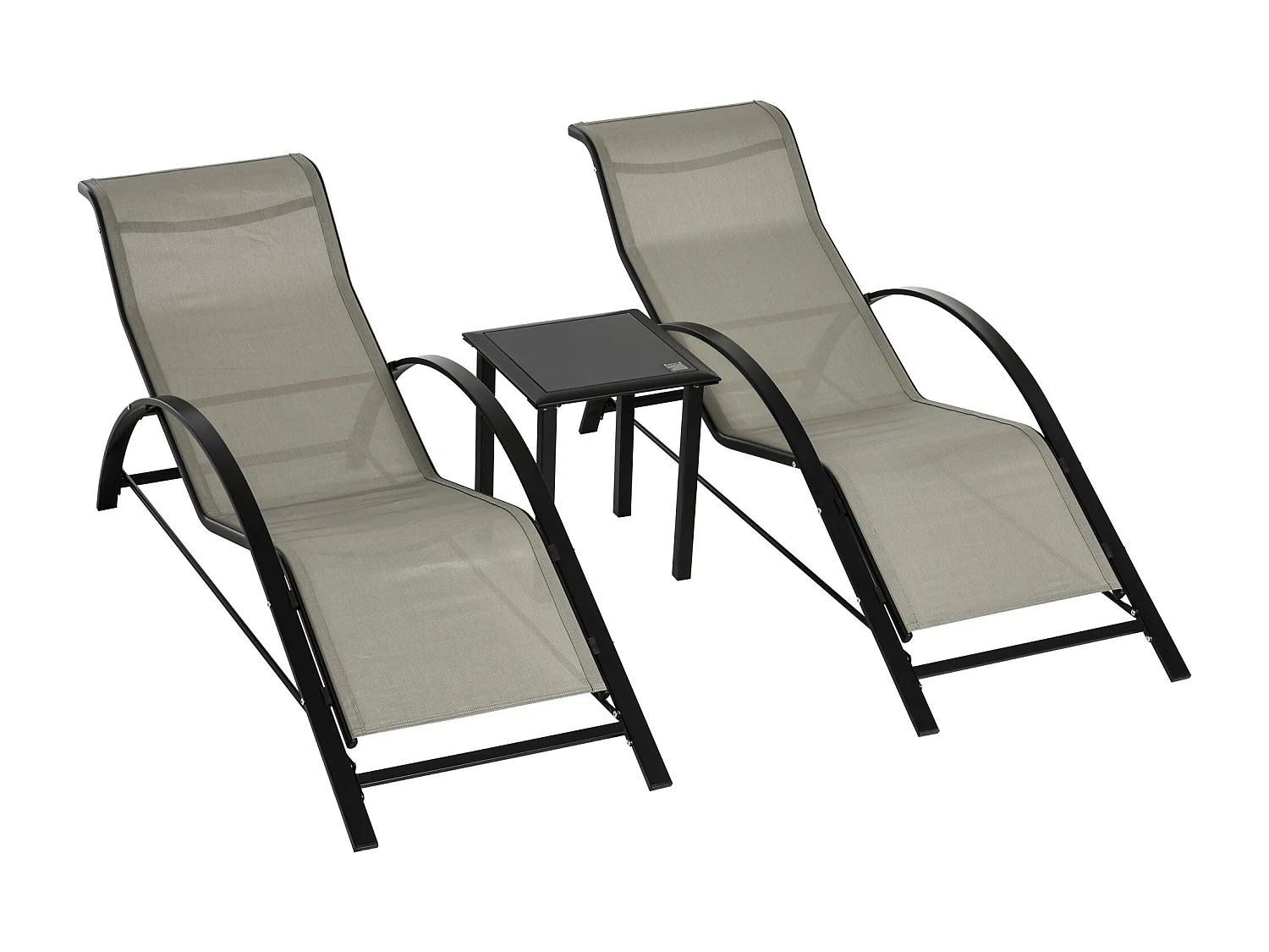 Lot de 2 bains de soleil design contemporain table basse plateau verre trempé métal époxy textilène grège