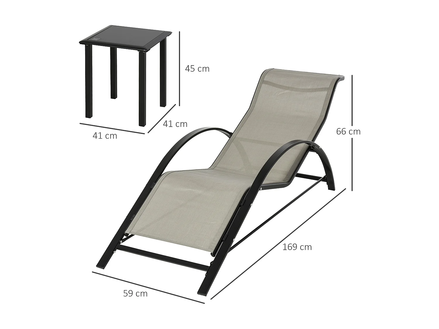 Lot de 2 bains de soleil design contemporain table basse plateau verre trempé métal époxy textilène grège