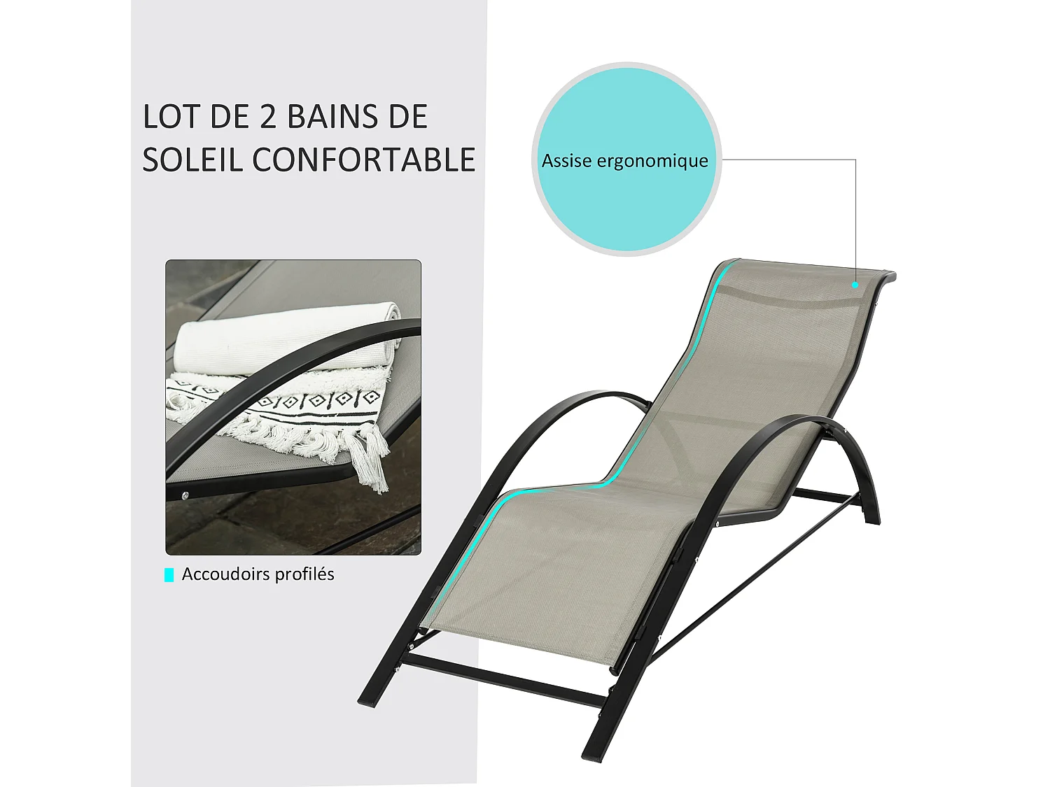 Lot de 2 bains de soleil design contemporain table basse plateau verre trempé métal époxy textilène grège