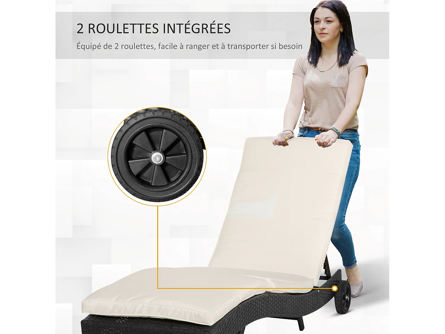 Bain de soleil transat grand confort - dossier inclinable 5 positions roulettes - matelas déhoussable inclus - résine tressée noire
