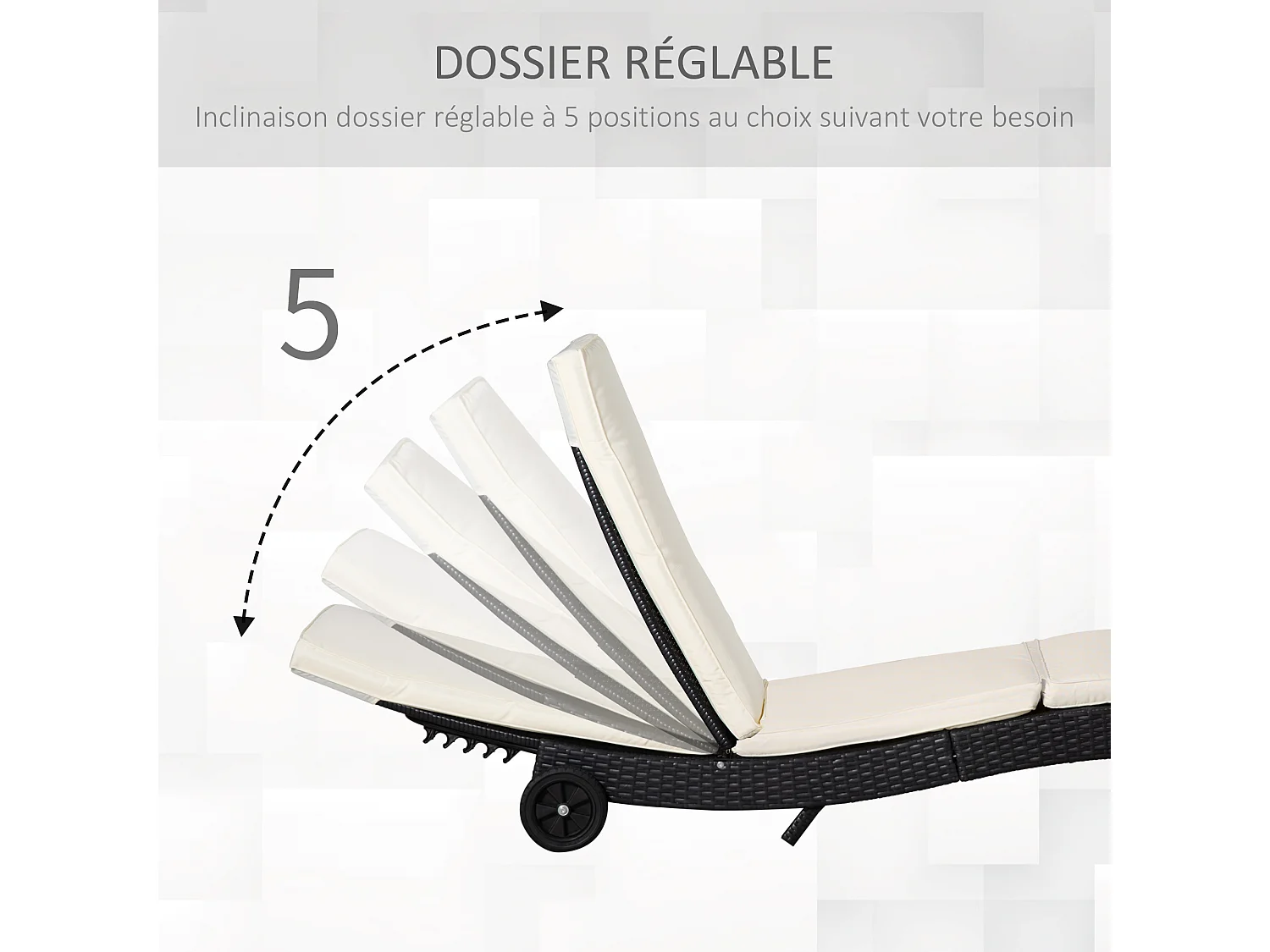 Bain de soleil transat grand confort - dossier inclinable 5 positions roulettes - matelas déhoussable inclus - résine tressée noire