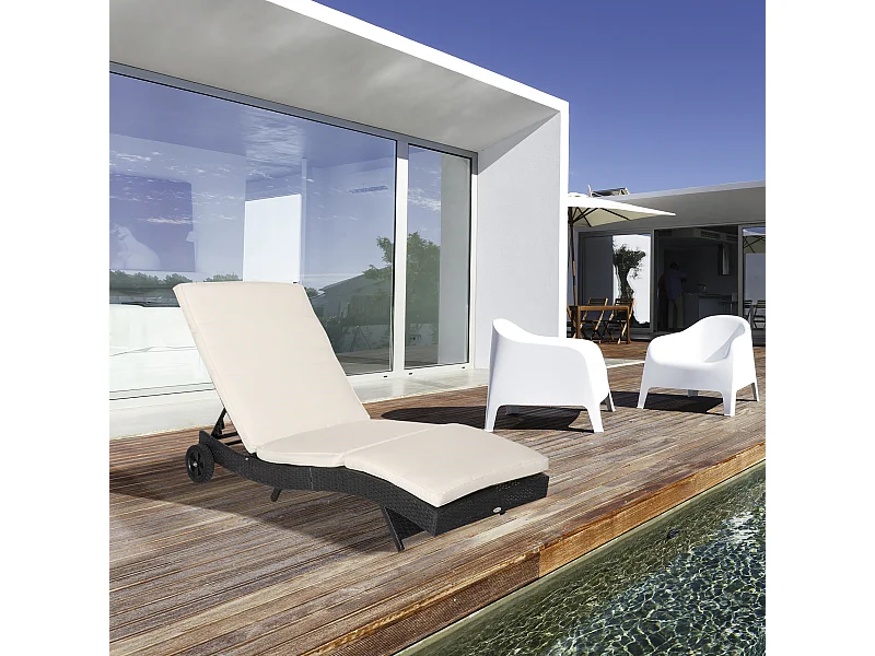 Bain de soleil transat grand confort - dossier inclinable 5 positions roulettes - matelas déhoussable inclus - résine tressée noire