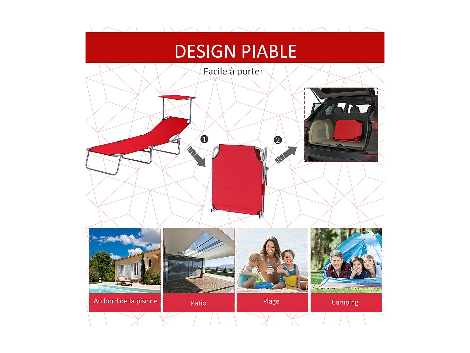 Transat bain de soleil pliable grand confort dossier et pare-soleil réglable multi-positions rouge