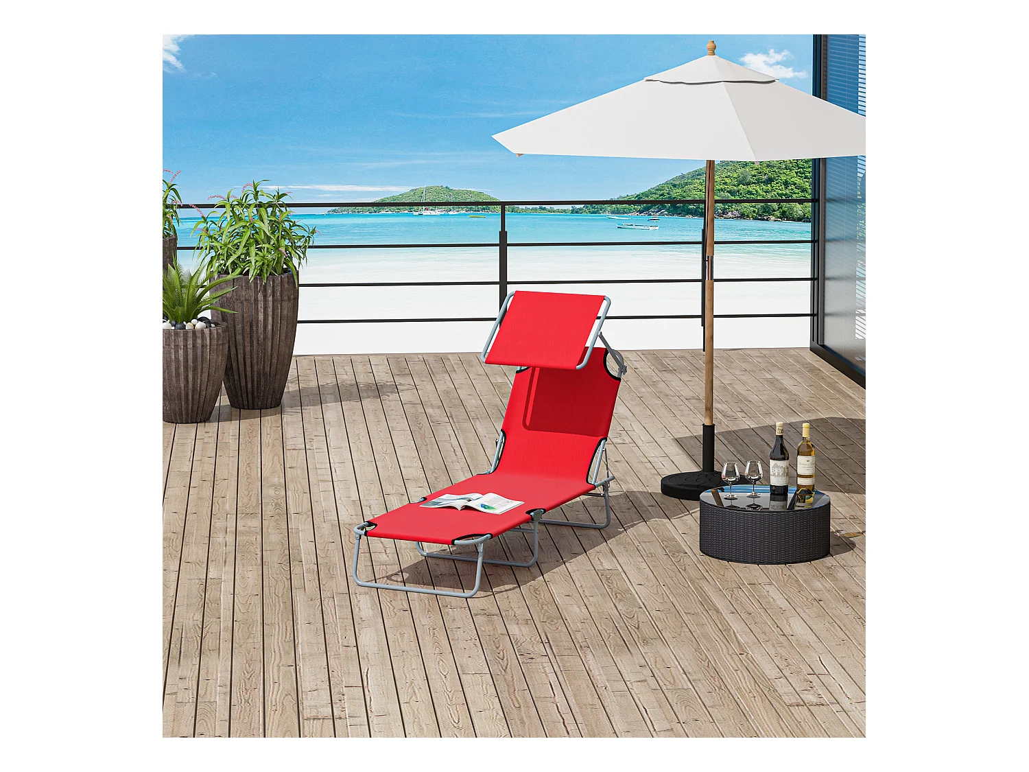 Transat bain de soleil pliable grand confort dossier et pare-soleil réglable multi-positions rouge