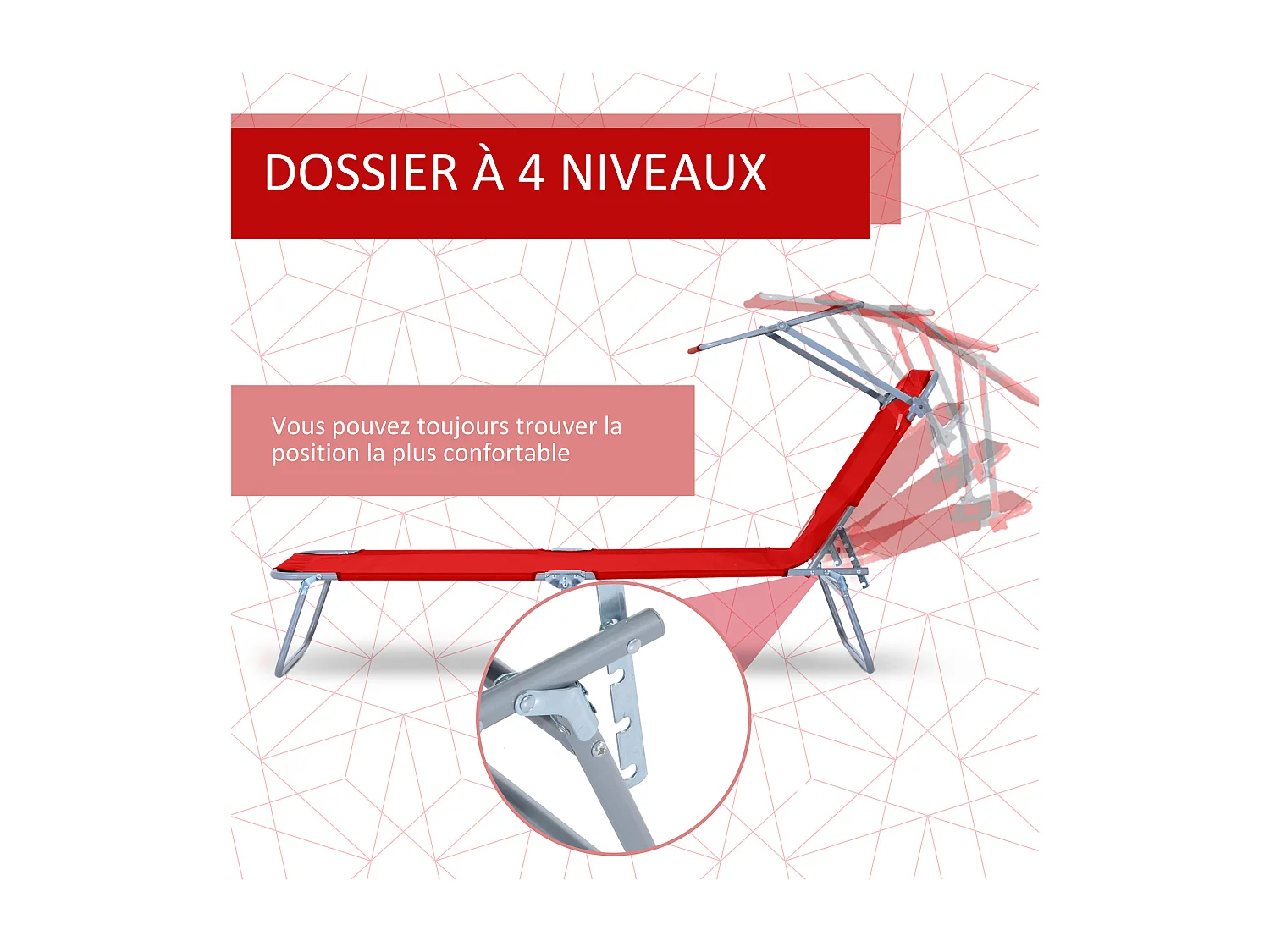 Transat bain de soleil pliable grand confort dossier et pare-soleil réglable multi-positions rouge
