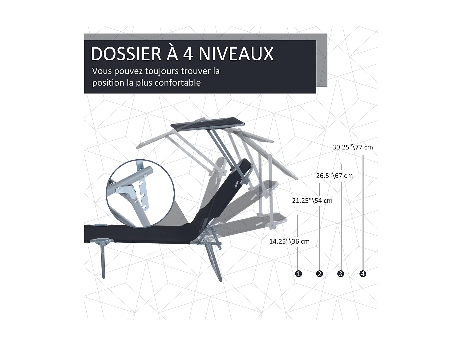 Transat bain de soleil pliable grand confort dossier et pare-soleil réglable multi-positions noir