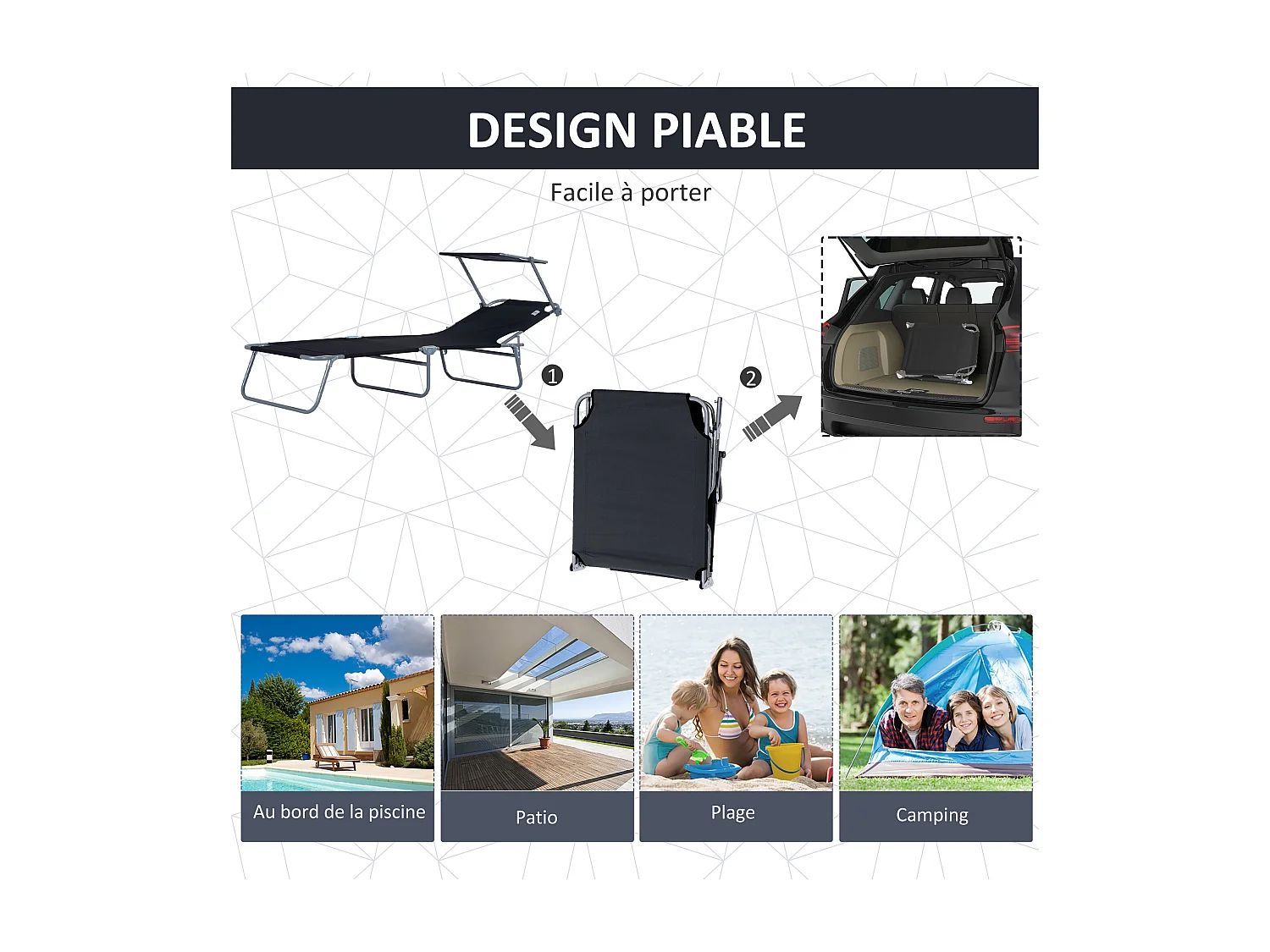 Transat bain de soleil pliable grand confort dossier et pare-soleil réglable multi-positions noir