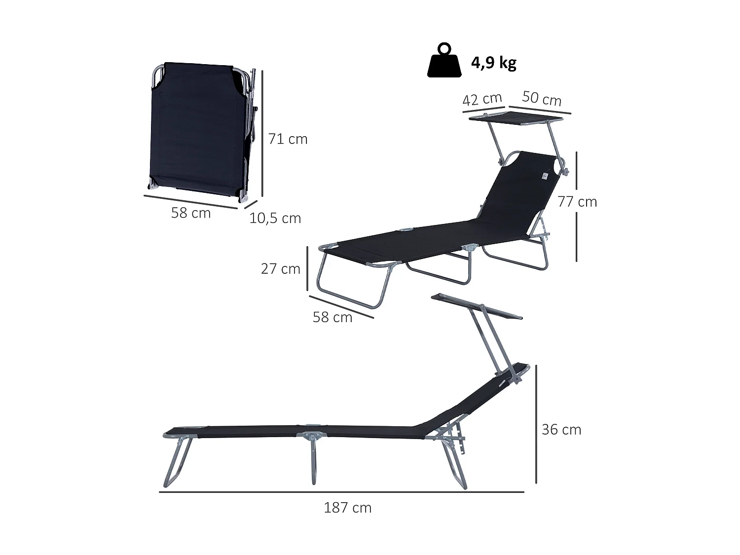 Transat bain de soleil pliable grand confort dossier et pare-soleil réglable multi-positions noir