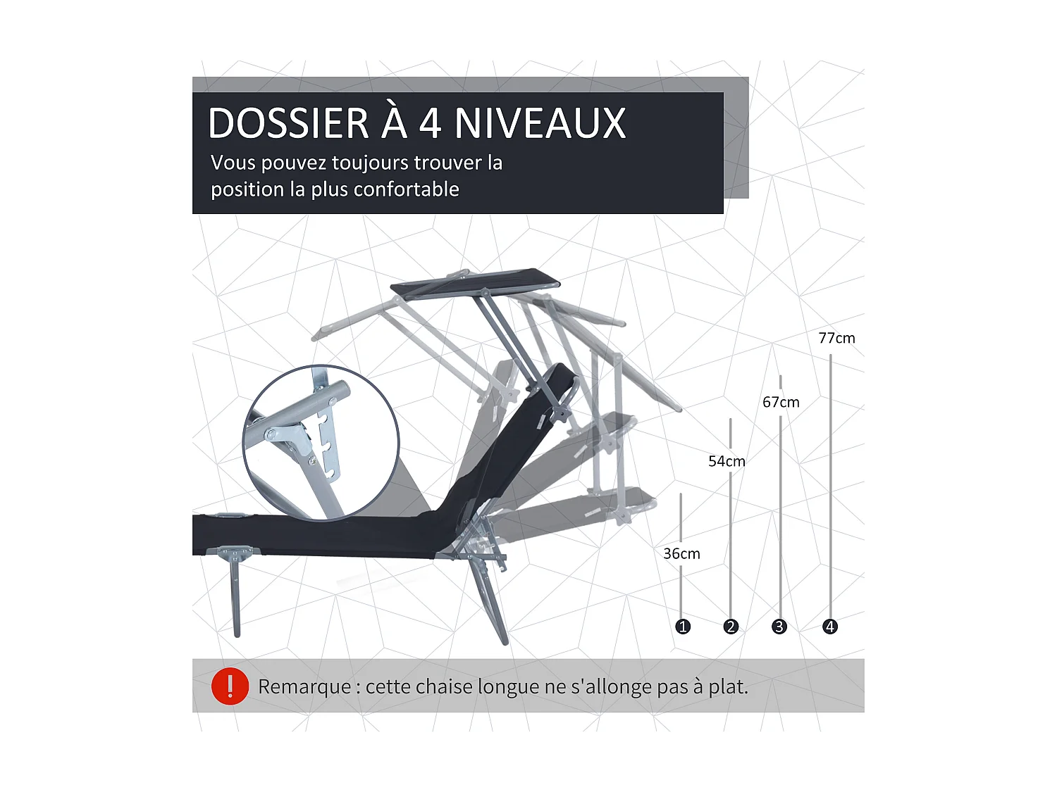 Transat bain de soleil pliable grand confort dossier et pare-soleil réglable multi-positions noir