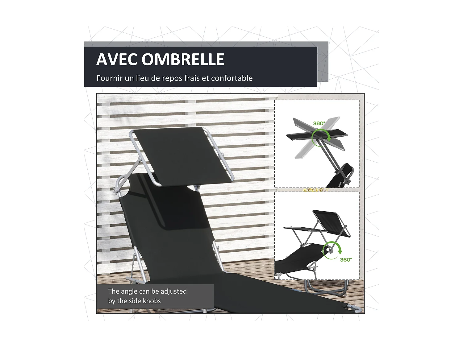 Transat bain de soleil pliable grand confort dossier et pare-soleil réglable multi-positions noir