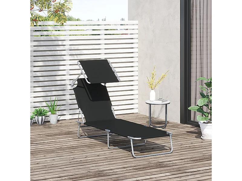 Transat bain de soleil pliable grand confort dossier et pare-soleil réglable multi-positions noir