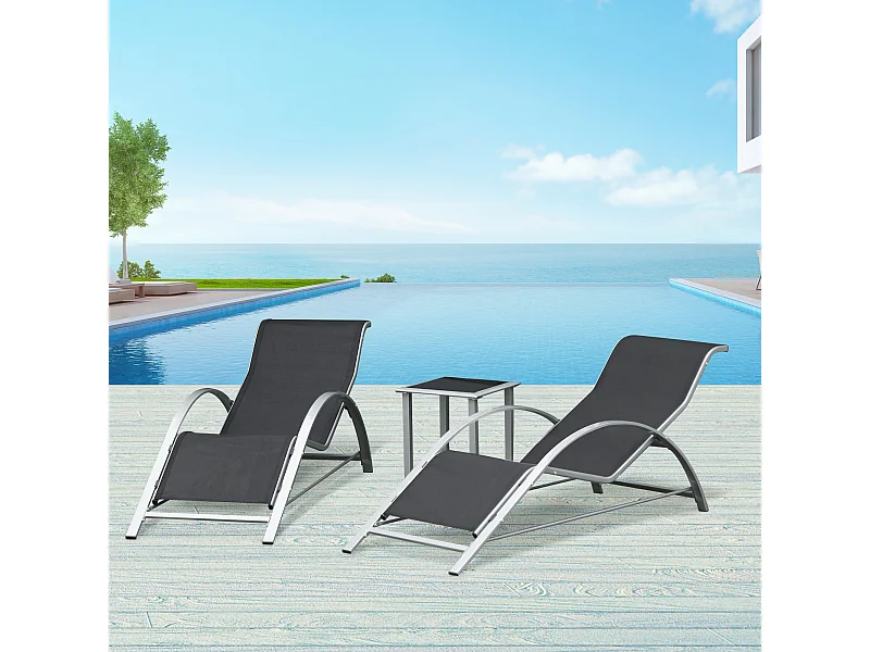 Lot de 2 bains de soleil design contemporain table basse plateau verre trempé métal époxy textilène gris foncé