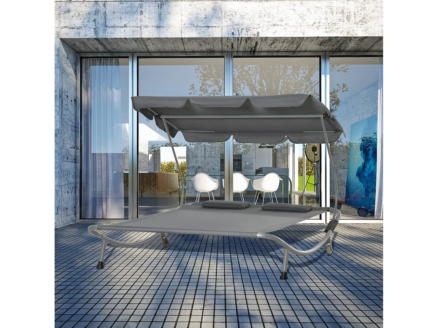 Bain de soleil 2 places lit de jardin design contemporain toit réglable 2 roulettes 2 oreillers acier époxy polyester gris