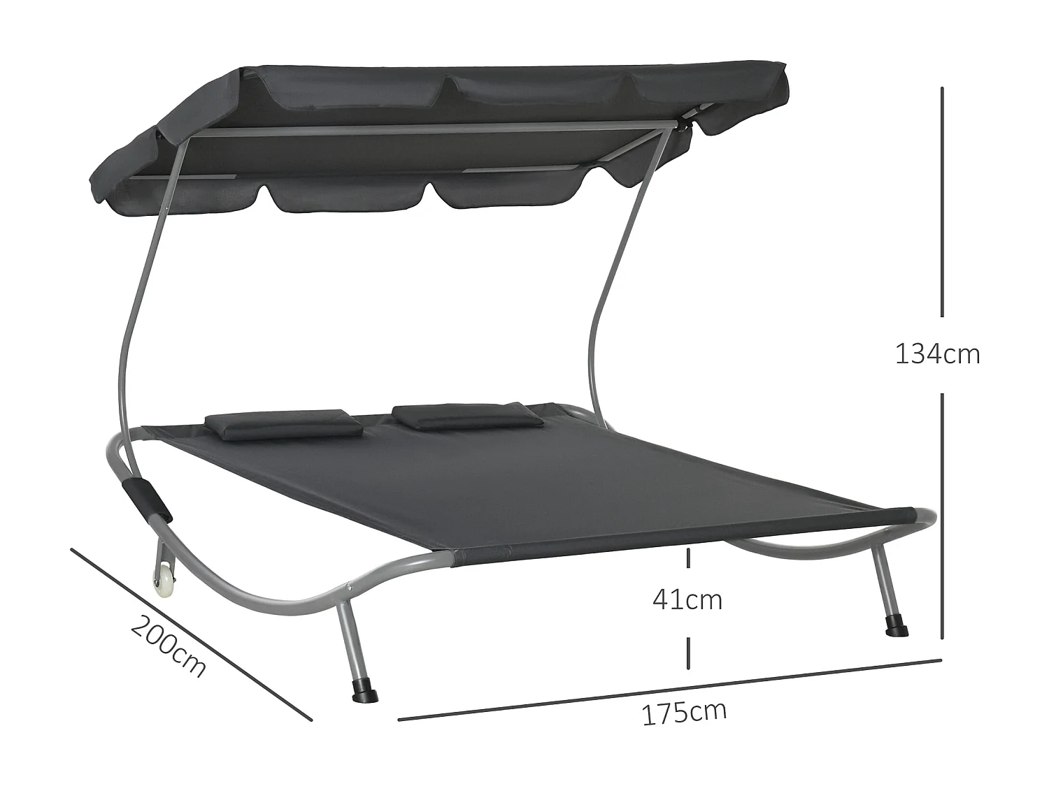 Bain de soleil 2 places lit de jardin design contemporain toit réglable 2 roulettes 2 oreillers acier époxy polyester gris