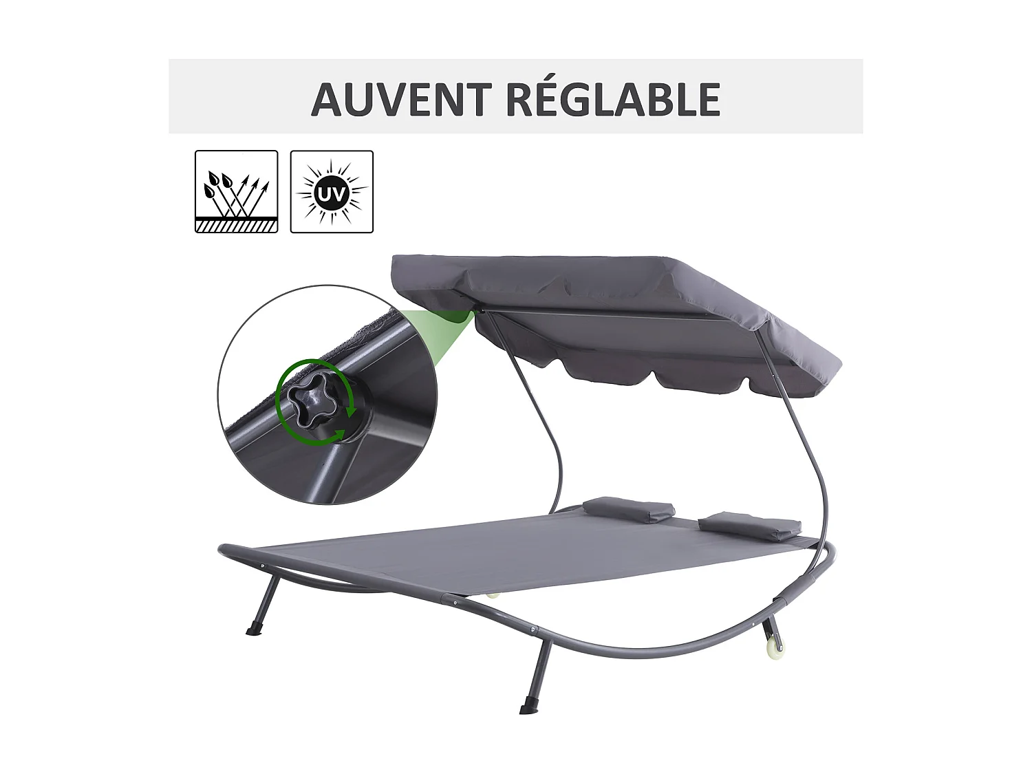 Bain de soleil 2 places lit de jardin design contemporain toit réglable 2 roulettes 2 oreillers acier époxy polyester gris