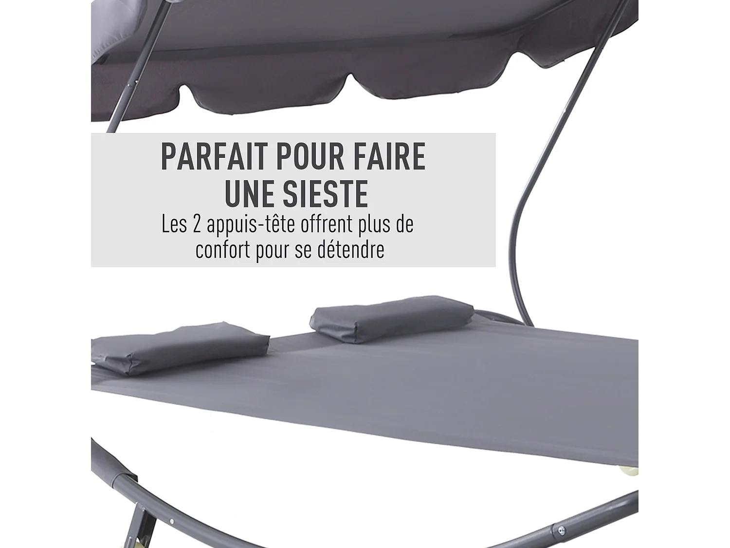 Bain de soleil 2 places lit de jardin design contemporain toit réglable 2 roulettes 2 oreillers acier époxy polyester gris