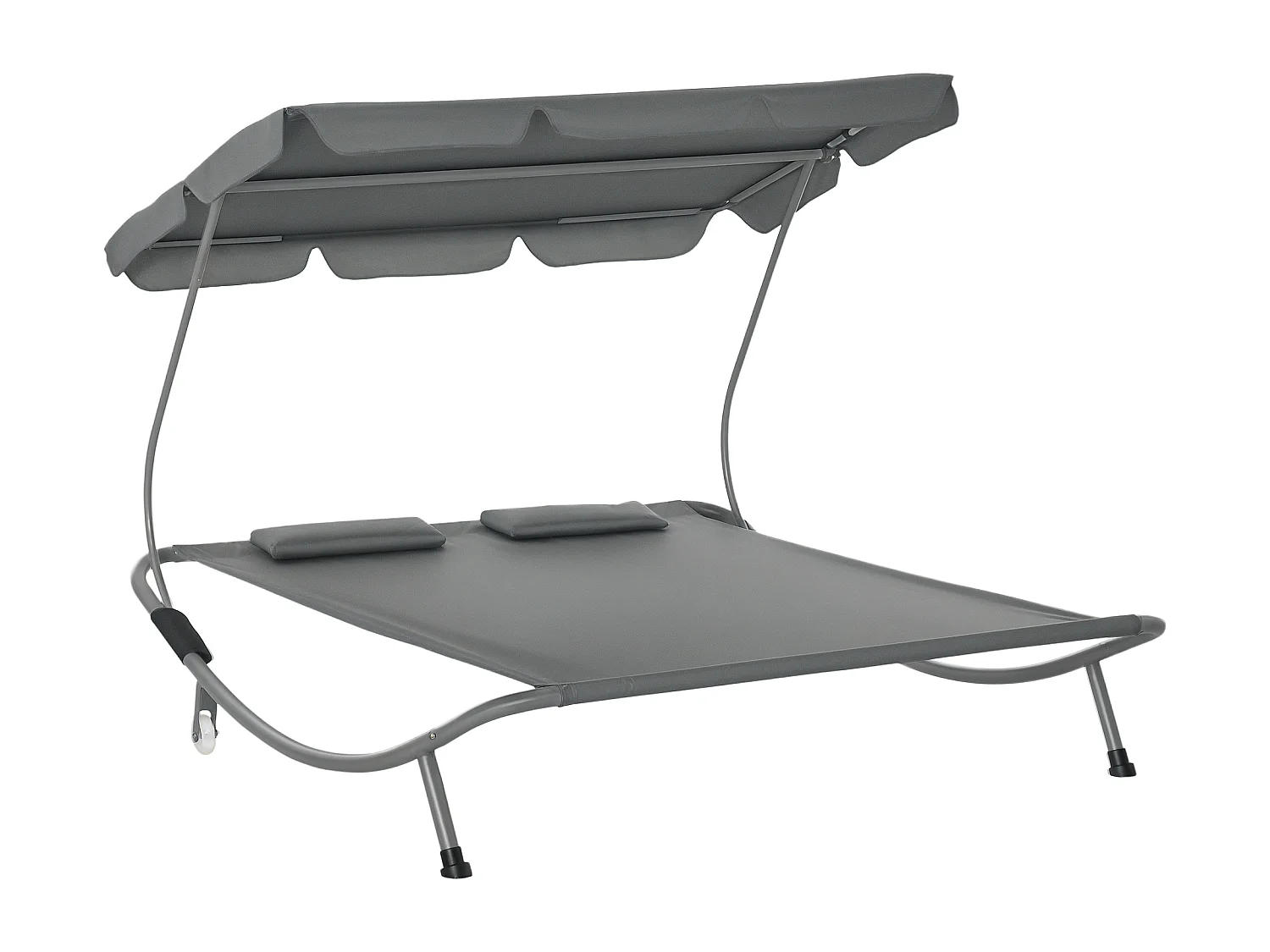 Bain de soleil 2 places lit de jardin design contemporain toit réglable 2 roulettes 2 oreillers acier époxy polyester gris