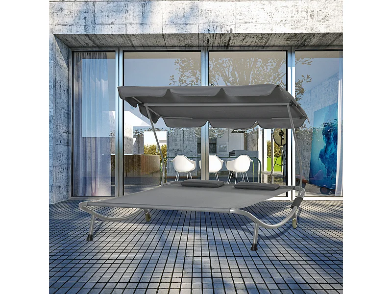 Bain de soleil 2 places lit de jardin design contemporain toit réglable 2 roulettes 2 oreillers acier époxy polyester gris