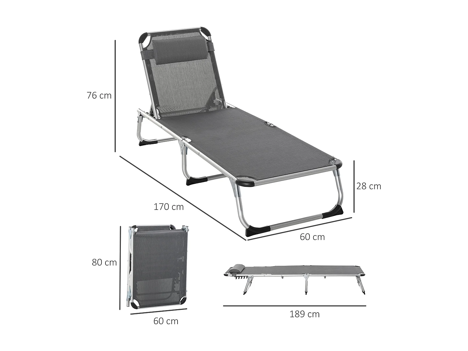Bain de soleil transat pliable grand confort dossier réglable multi-position tétière alu. textilène gris
