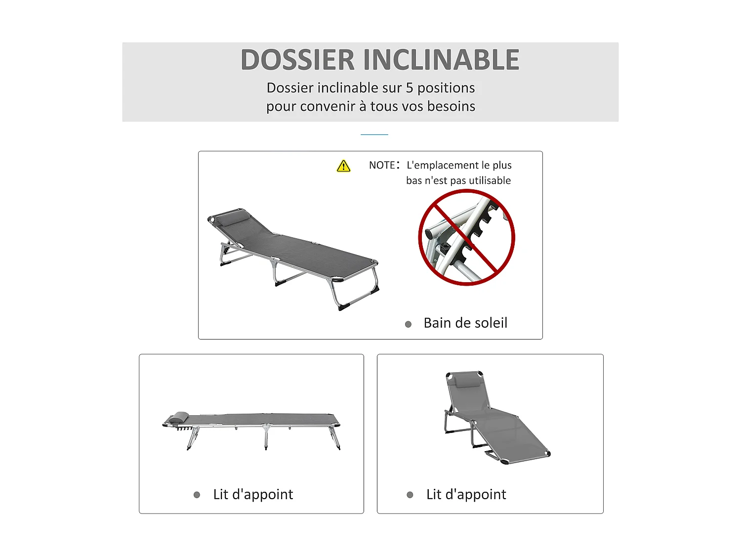 Bain de soleil transat pliable grand confort dossier réglable multi-position tétière alu. textilène gris