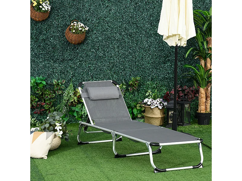 Bain de soleil transat pliable grand confort dossier réglable multi-position tétière alu. textilène gris