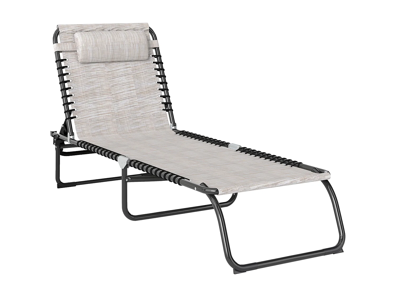 Bain de soleil transat pliable dossier inclinable multi-positions acier thermoplastique lacets élastiques noir textilène crème