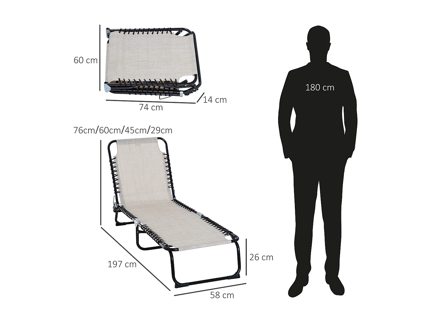 Bain de soleil transat pliable dossier inclinable multi-positions acier thermoplastique lacets élastiques noir textilène crème