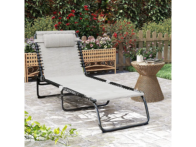 Bain de soleil transat pliable dossier inclinable multi-positions acier thermoplastique lacets élastiques noir textilène crème