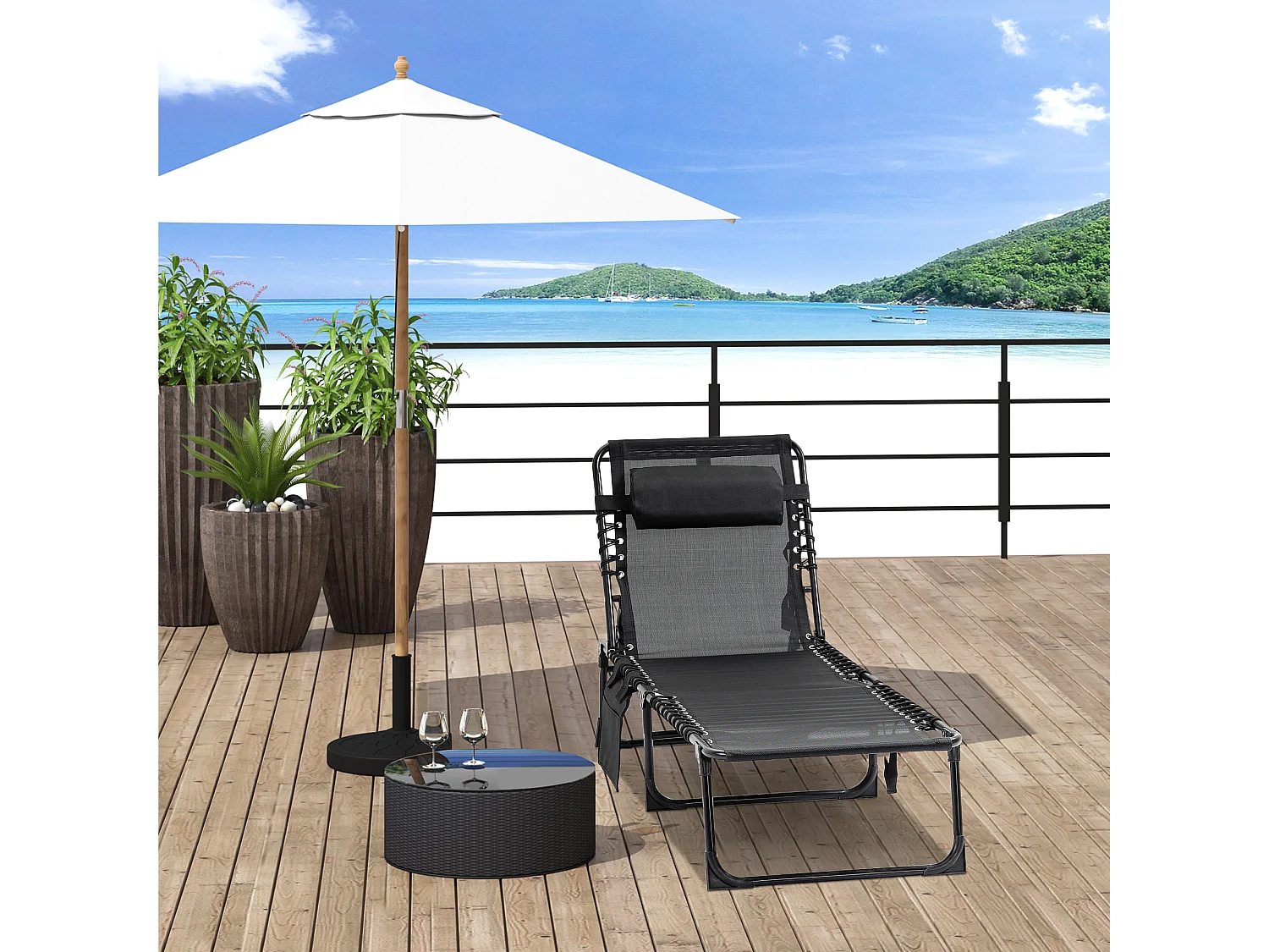 Bain de soleil transat pliable avec poignée - dossier inclinable multi-positions, pochette, tétière - acier époxy lacets élastiques textilène noir