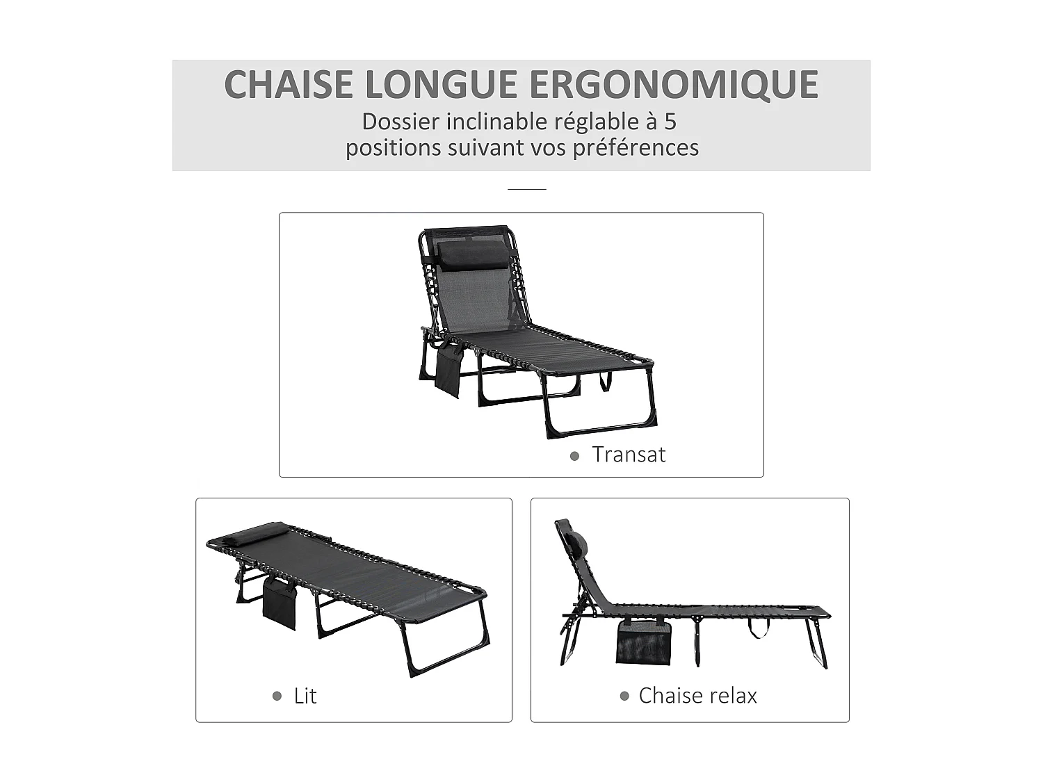 Bain de soleil transat pliable avec poignée - dossier inclinable multi-positions, pochette, tétière - acier époxy lacets élastiques textilène noir