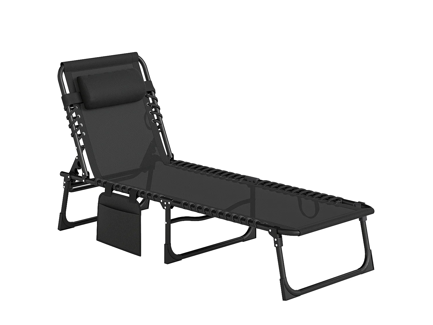 Bain de soleil transat pliable dossier inclinable acier époxy noir lacets élastiques textilène noir