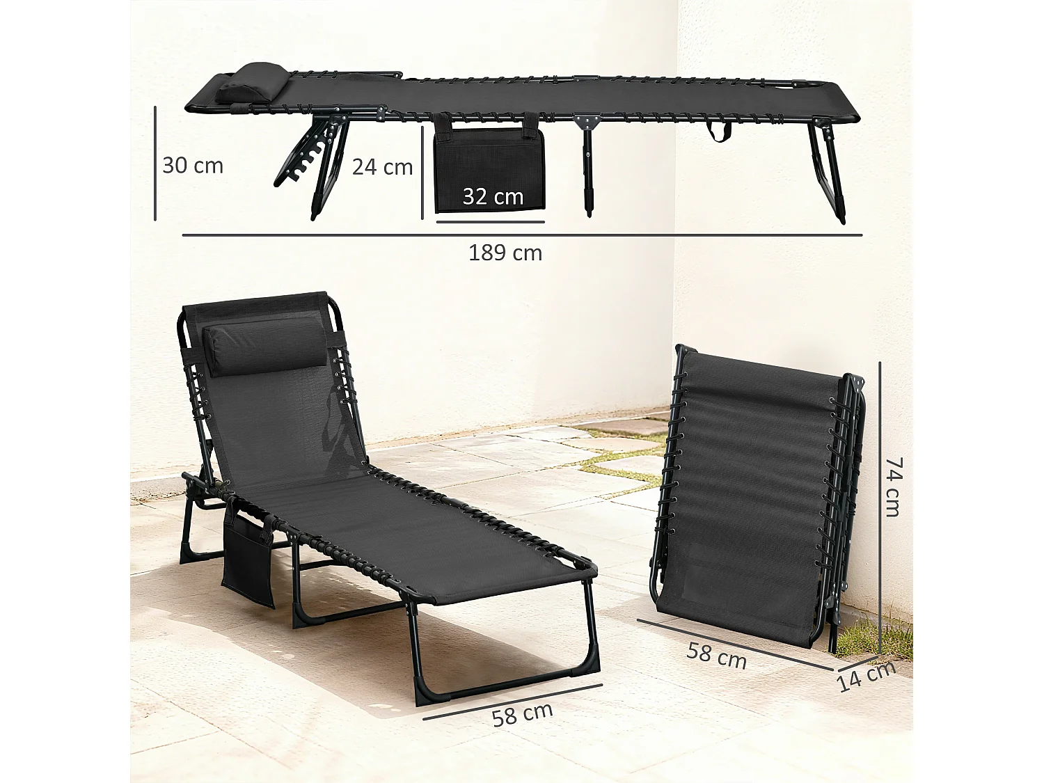 Bain de soleil transat pliable dossier inclinable acier époxy noir lacets élastiques textilène noir